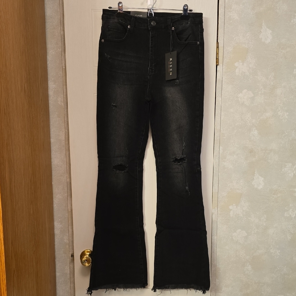 New! Risen Black Flare Jeans with Distressed Detail. Size 11/30